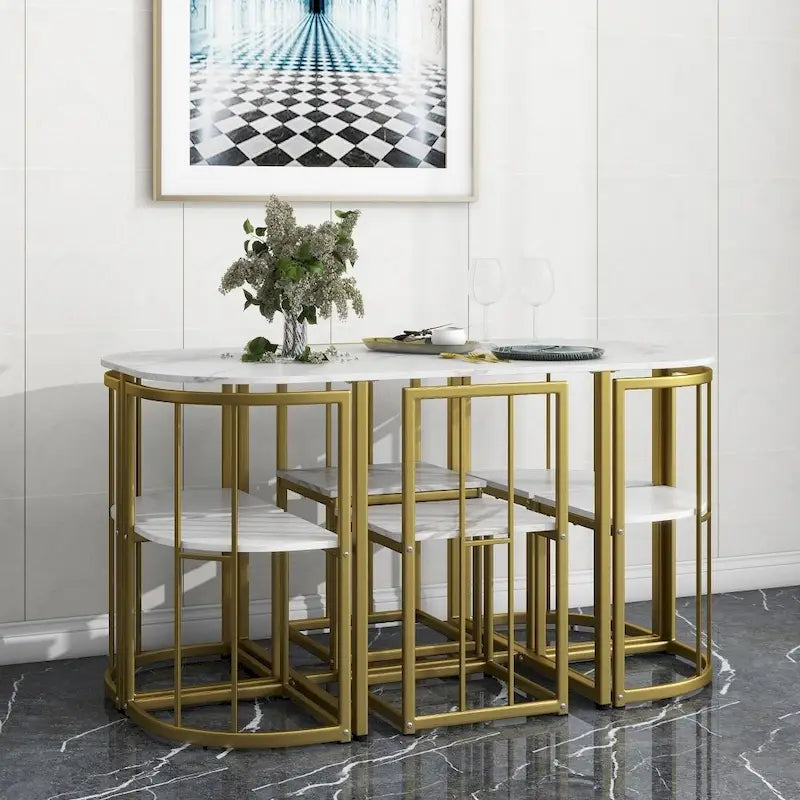 Ensemble table à manger 7 pièces moderne avec plateau imitation marbre compact