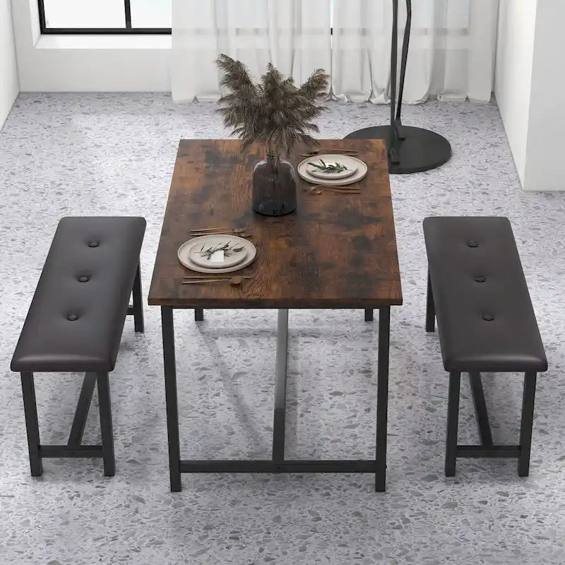 Ensemble de salle à manger rectangulaire pour 4 personnes avec 2 bancs rembourrés