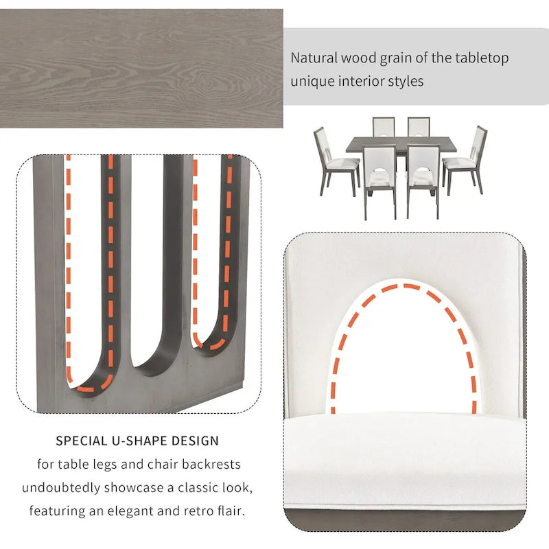 Ensemble de salle à manger 6 places, table à manger rectangulaire de style ferme et 6 chaises rembourrées, idéal pour la salle à manger
