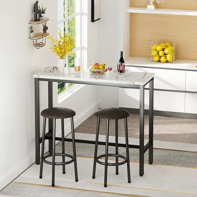 Ensemble de salle à manger 3 pièces pour cuisine et pub, ensemble de table de bistrot moderne à hauteur de comptoir en faux marbre avec 2 tabourets de bar en cuir PU