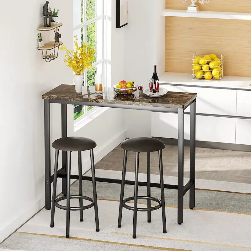 Ensemble de salle à manger 3 pièces pour cuisine et pub, ensemble de table de bistrot moderne à hauteur de comptoir en faux marbre avec 2 tabourets de bar en cuir PU