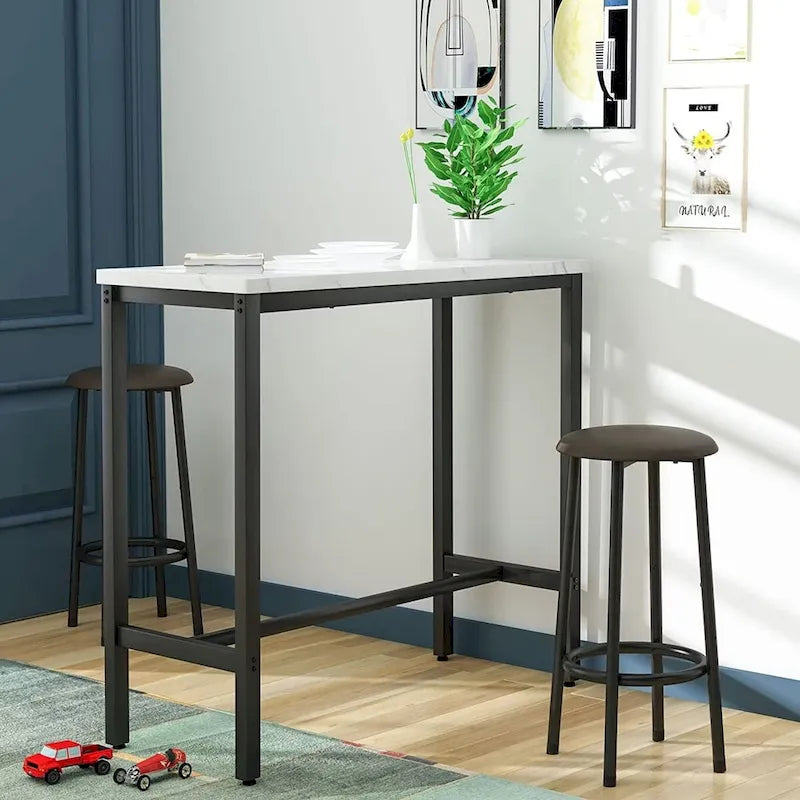 Ensemble de salle à manger 3 pièces pour cuisine et pub, ensemble de table de bistrot moderne à hauteur de comptoir en faux marbre avec 2 tabourets de bar en cuir PU