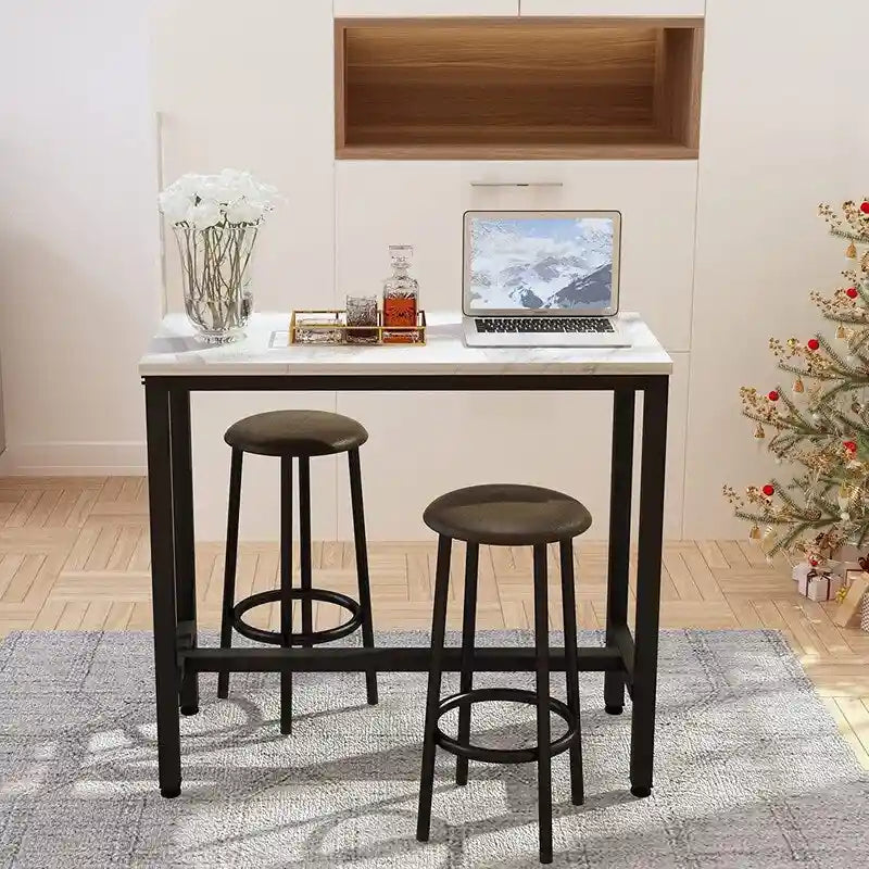 Ensemble de salle à manger 3 pièces pour cuisine et pub, ensemble de table de bistrot moderne à hauteur de comptoir en faux marbre avec 2 tabourets de bar en cuir PU