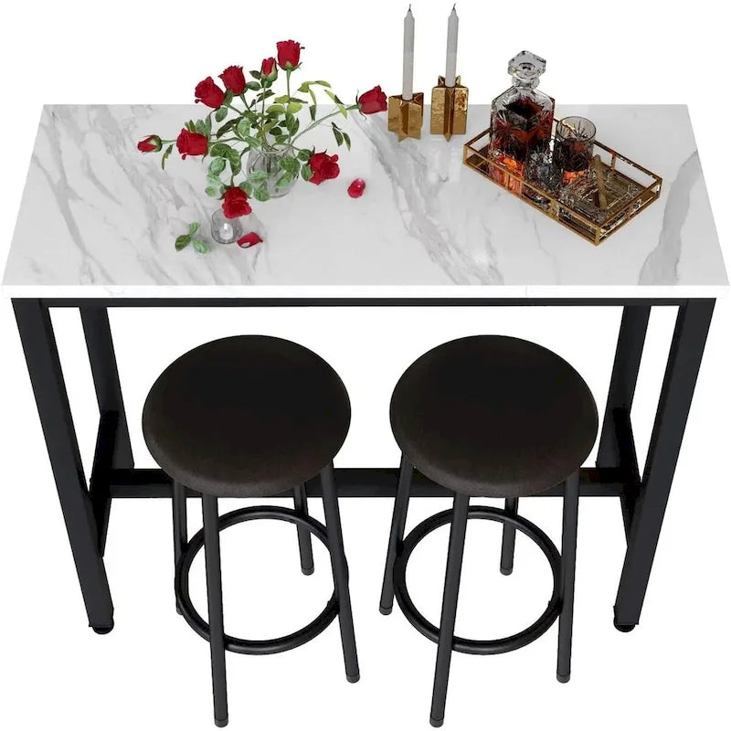 Ensemble de salle à manger 3 pièces pour cuisine et pub, ensemble de table de bistrot moderne à hauteur de comptoir en faux marbre avec 2 tabourets de bar en cuir PU