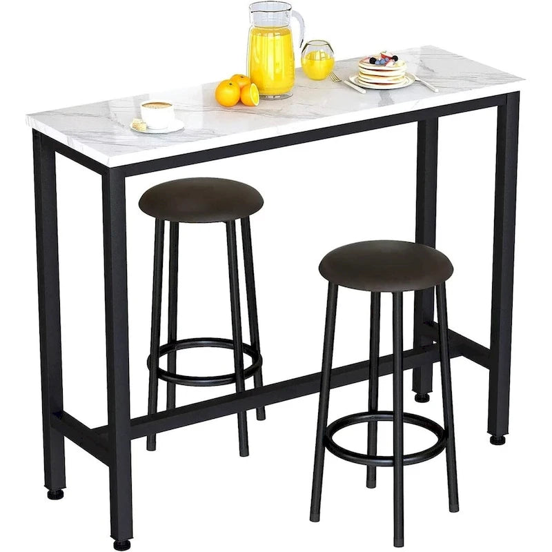 Ensemble de salle à manger 3 pièces pour cuisine et pub, ensemble de table de bistrot moderne à hauteur de comptoir en faux marbre avec 2 tabourets de bar en cuir PU