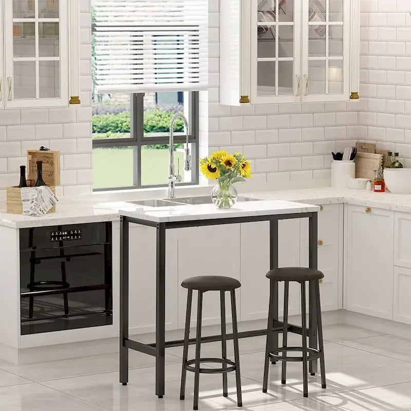 Ensemble de salle à manger 3 pièces pour cuisine et pub, ensemble de table de bistrot moderne à hauteur de comptoir en faux marbre avec 2 tabourets de bar en cuir PU