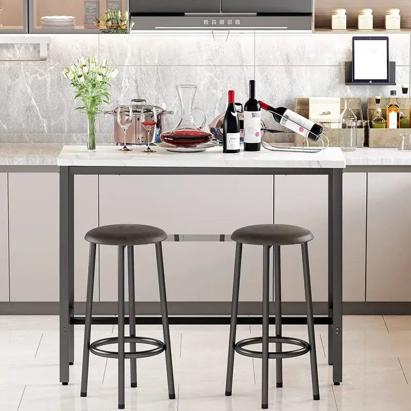 Ensemble de salle à manger 3 pièces pour cuisine et pub, ensemble de table de bistrot moderne à hauteur de comptoir en faux marbre avec 2 tabourets de bar en cuir PU
