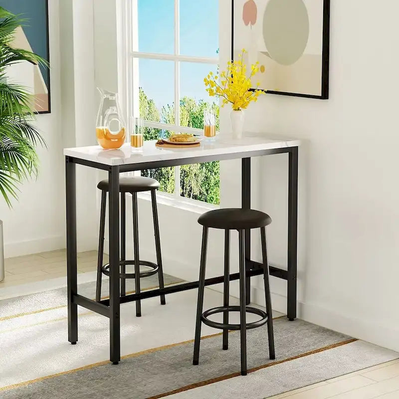 Ensemble de salle à manger 3 pièces pour cuisine et pub, ensemble de table de bistrot moderne à hauteur de comptoir en faux marbre avec 2 tabourets de bar en cuir PU