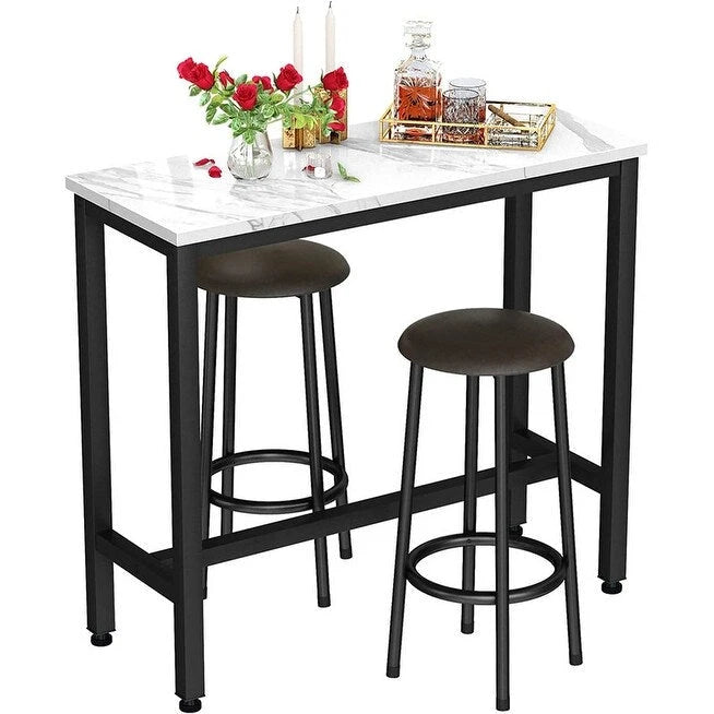 Ensemble de salle à manger 3 pièces pour cuisine et pub, ensemble de table de bistrot moderne à hauteur de comptoir en faux marbre avec 2 tabourets de bar en cuir PU