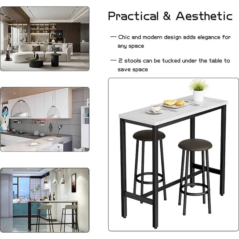 Ensemble de salle à manger 3 pièces pour cuisine et pub, ensemble de table de bistrot moderne à hauteur de comptoir en faux marbre avec 2 tabourets de bar en cuir PU