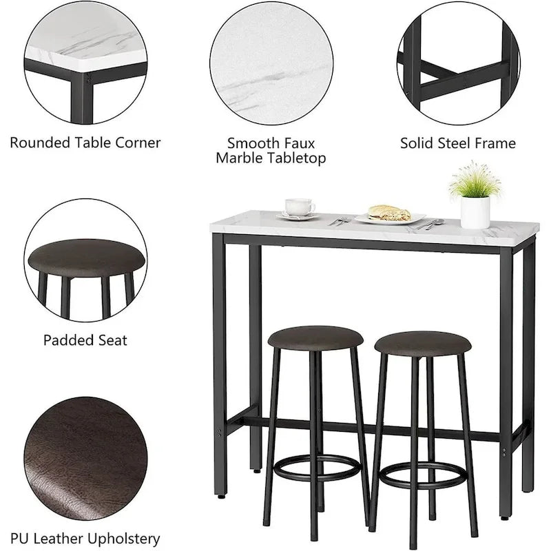Ensemble de salle à manger 3 pièces pour cuisine et pub, ensemble de table de bistrot moderne à hauteur de comptoir en faux marbre avec 2 tabourets de bar en cuir PU