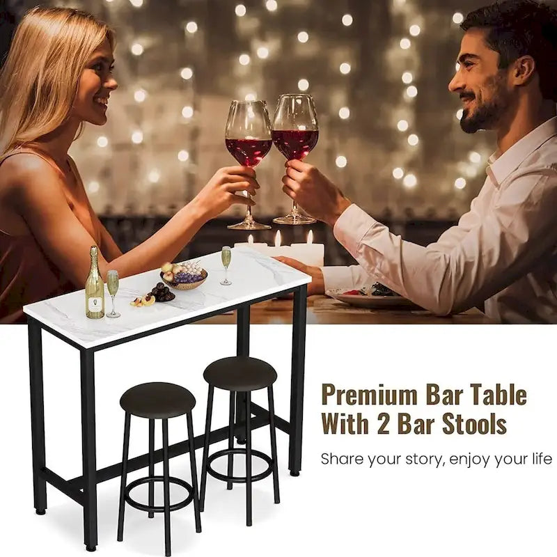 Ensemble de salle à manger 3 pièces pour cuisine et pub, ensemble de table de bistrot moderne à hauteur de comptoir en faux marbre avec 2 tabourets de bar en cuir PU