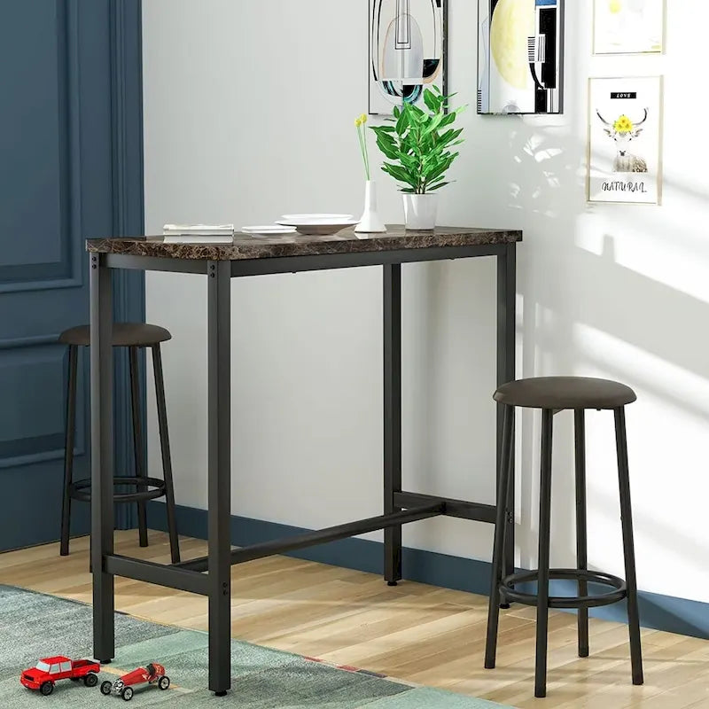 Ensemble de salle à manger 3 pièces pour cuisine et pub, ensemble de table de bistrot moderne à hauteur de comptoir en faux marbre avec 2 tabourets de bar en cuir PU