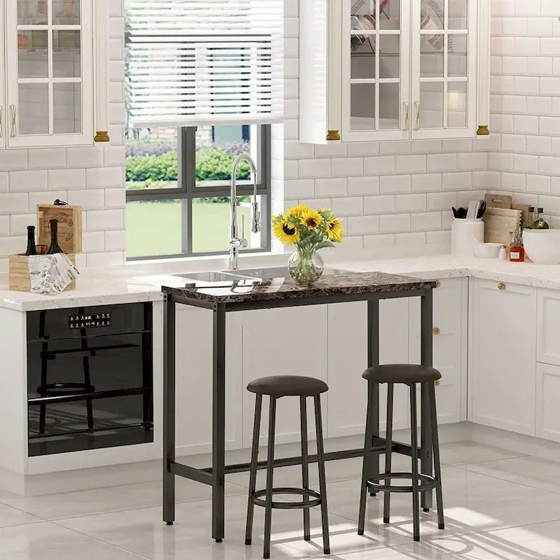Ensemble de salle à manger 3 pièces pour cuisine et pub, ensemble de table de bistrot moderne à hauteur de comptoir en faux marbre avec 2 tabourets de bar en cuir PU