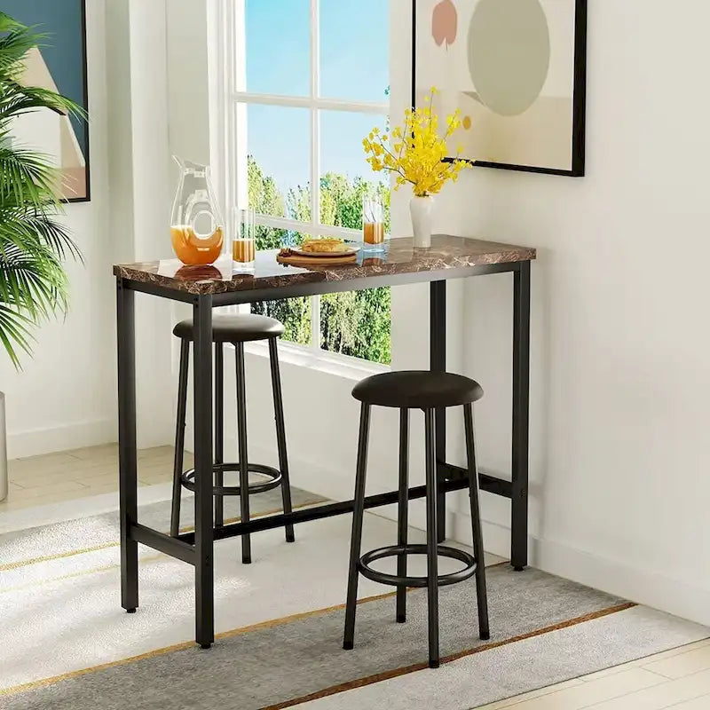 Ensemble de salle à manger 3 pièces pour cuisine et pub, ensemble de table de bistrot moderne à hauteur de comptoir en faux marbre avec 2 tabourets de bar en cuir PU