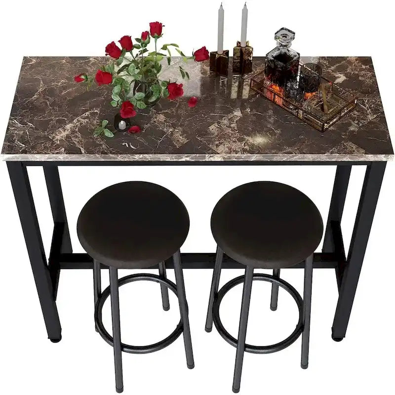 Ensemble de salle à manger 3 pièces pour cuisine et pub, ensemble de table de bistrot moderne à hauteur de comptoir en faux marbre avec 2 tabourets de bar en cuir PU