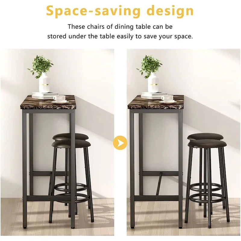 Ensemble de salle à manger 3 pièces pour cuisine et pub, ensemble de table de bistrot moderne à hauteur de comptoir en faux marbre avec 2 tabourets de bar en cuir PU