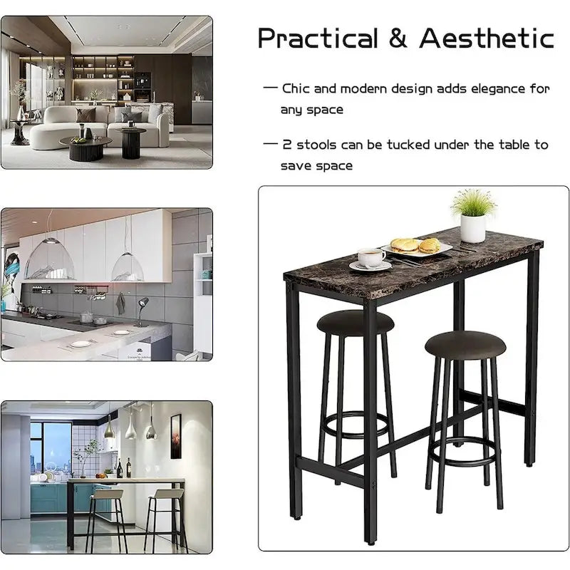 Ensemble de salle à manger 3 pièces pour cuisine et pub, ensemble de table de bistrot moderne à hauteur de comptoir en faux marbre avec 2 tabourets de bar en cuir PU