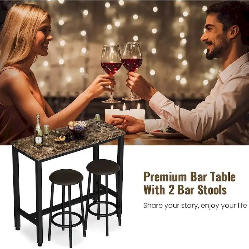 Ensemble de salle à manger 3 pièces pour cuisine et pub, ensemble de table de bistrot moderne à hauteur de comptoir en faux marbre avec 2 tabourets de bar en cuir PU