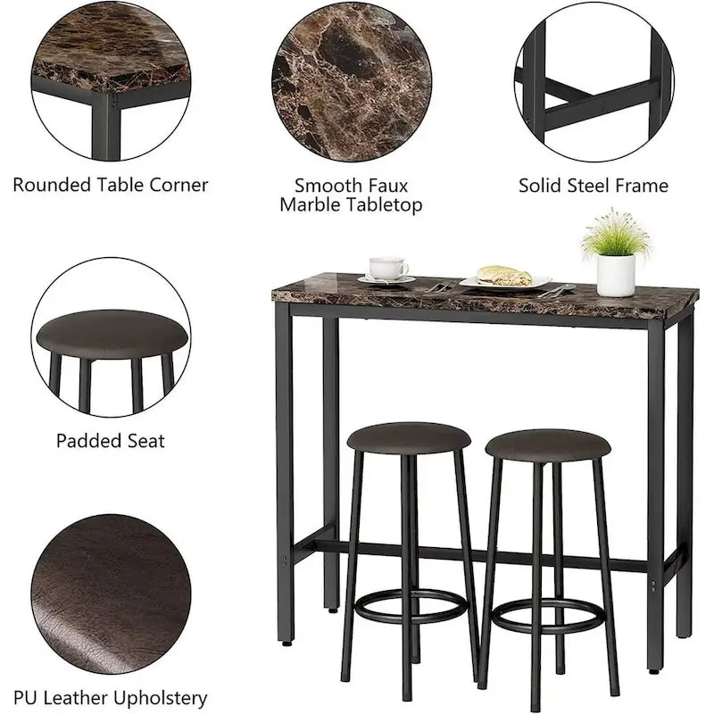 Ensemble de salle à manger 3 pièces pour cuisine et pub, ensemble de table de bistrot moderne à hauteur de comptoir en faux marbre avec 2 tabourets de bar en cuir PU