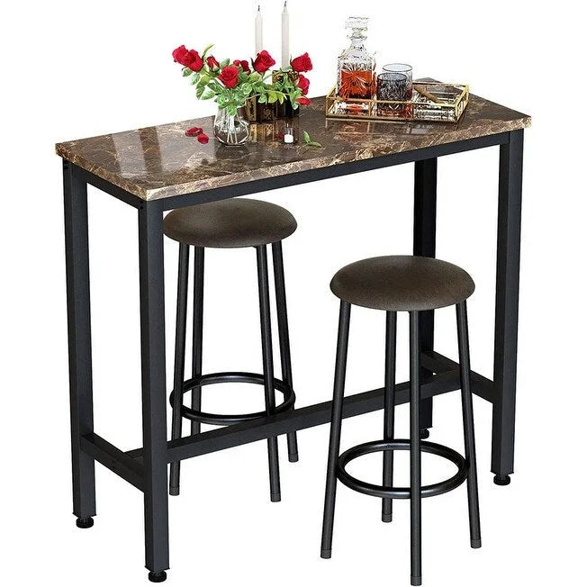 Ensemble de salle à manger 3 pièces pour cuisine et pub, ensemble de table de bistrot moderne à hauteur de comptoir en faux marbre avec 2 tabourets de bar en cuir PU