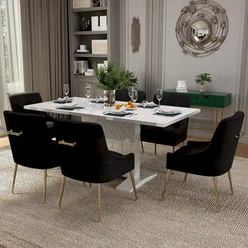 Ensemble de salle à manger 7 pièces Clihome avec table extensible laquée et chaises en velours