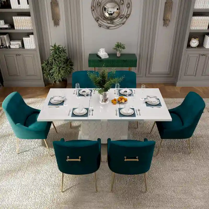 Ensemble de salle à manger 7 pièces Clihome avec table extensible laquée et chaises en velours