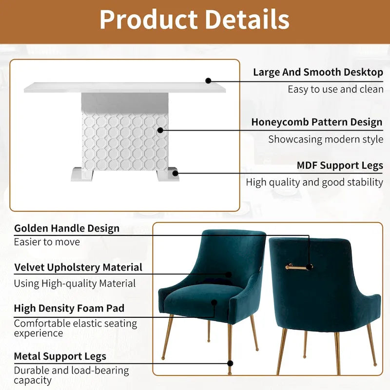 Ensemble de salle à manger 7 pièces Clihome avec table extensible laquée et chaises en velours
