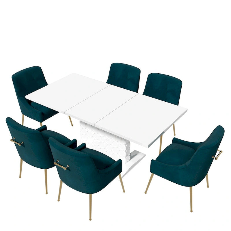 Ensemble de salle à manger 7 pièces Clihome avec table extensible laquée et chaises en velours