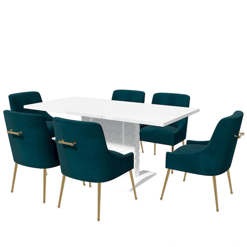 Ensemble de salle à manger 7 pièces Clihome avec table extensible laquée et chaises en velours