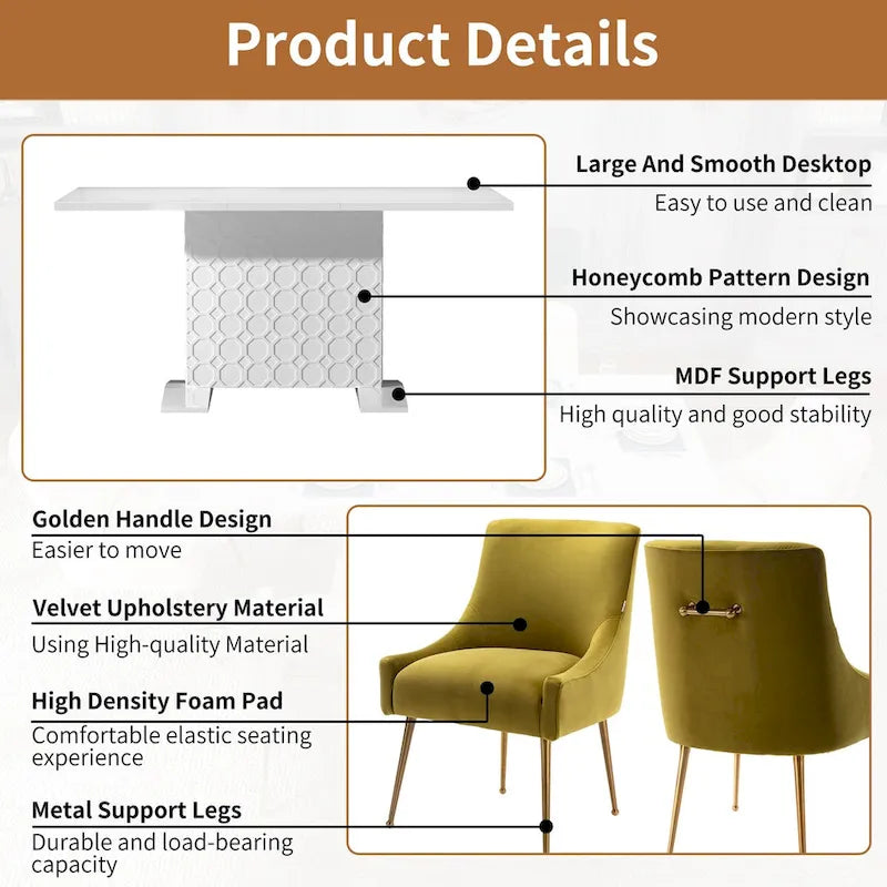 Ensemble de salle à manger 7 pièces Clihome avec table extensible laquée et chaises en velours