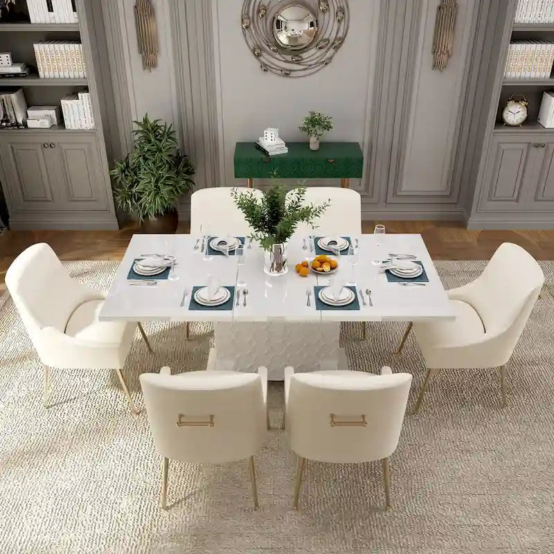 Ensemble de salle à manger 7 pièces Clihome avec table extensible laquée et chaises en velours