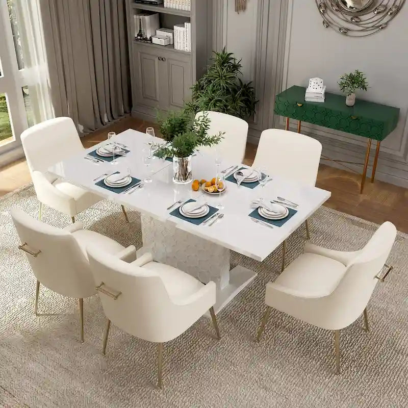 Ensemble de salle à manger 7 pièces Clihome avec table extensible laquée et chaises en velours