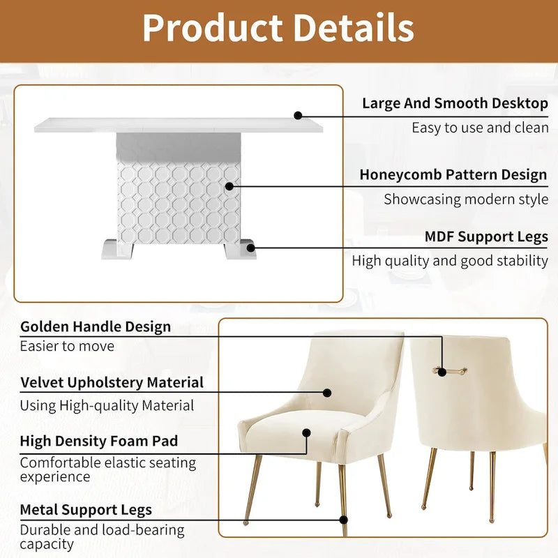 Ensemble de salle à manger 7 pièces Clihome avec table extensible laquée et chaises en velours