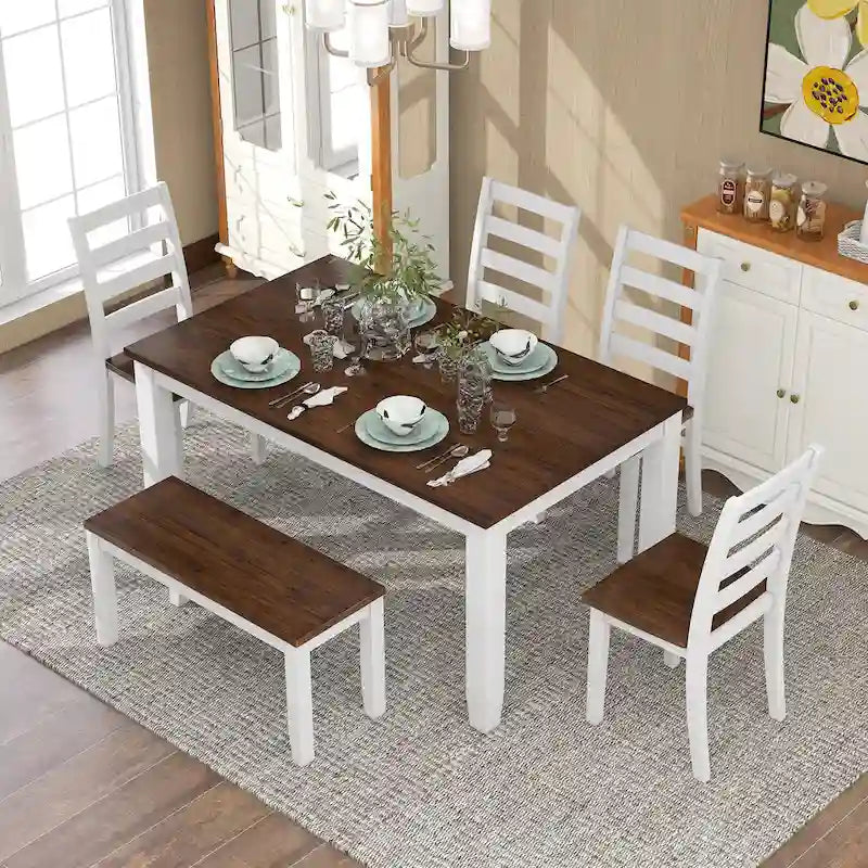 Ensemble de salle à manger rustique 6 pièces avec 4 chaises rembourrées et un banc