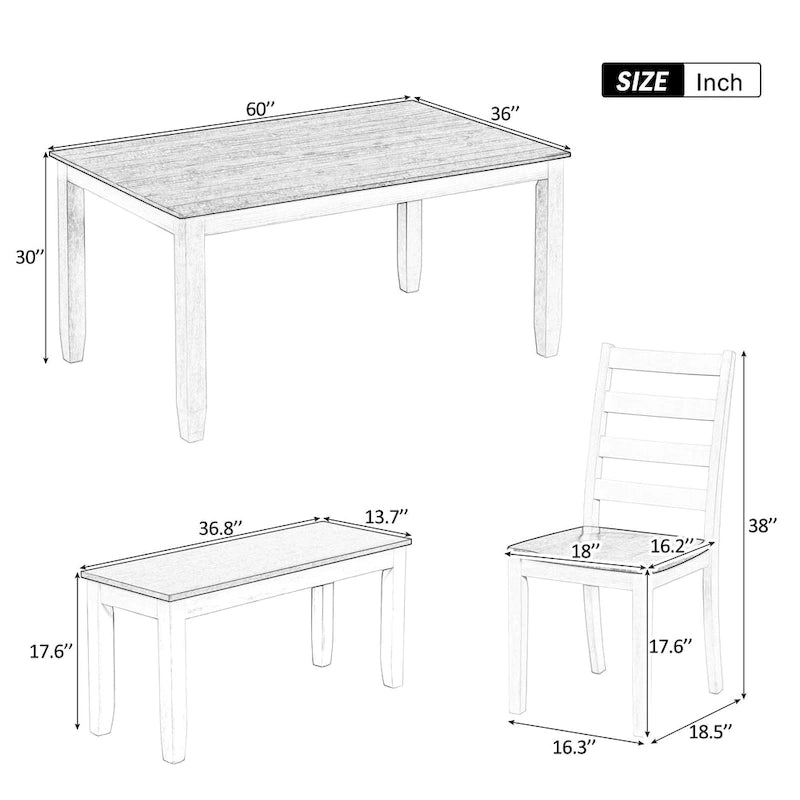 Ensemble de salle à manger rustique 6 pièces avec 4 chaises rembourrées et un banc