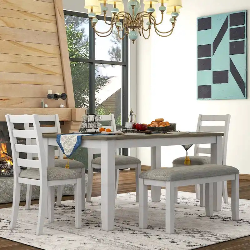 Ensemble de salle à manger rustique 6 pièces avec 4 chaises rembourrées et un banc