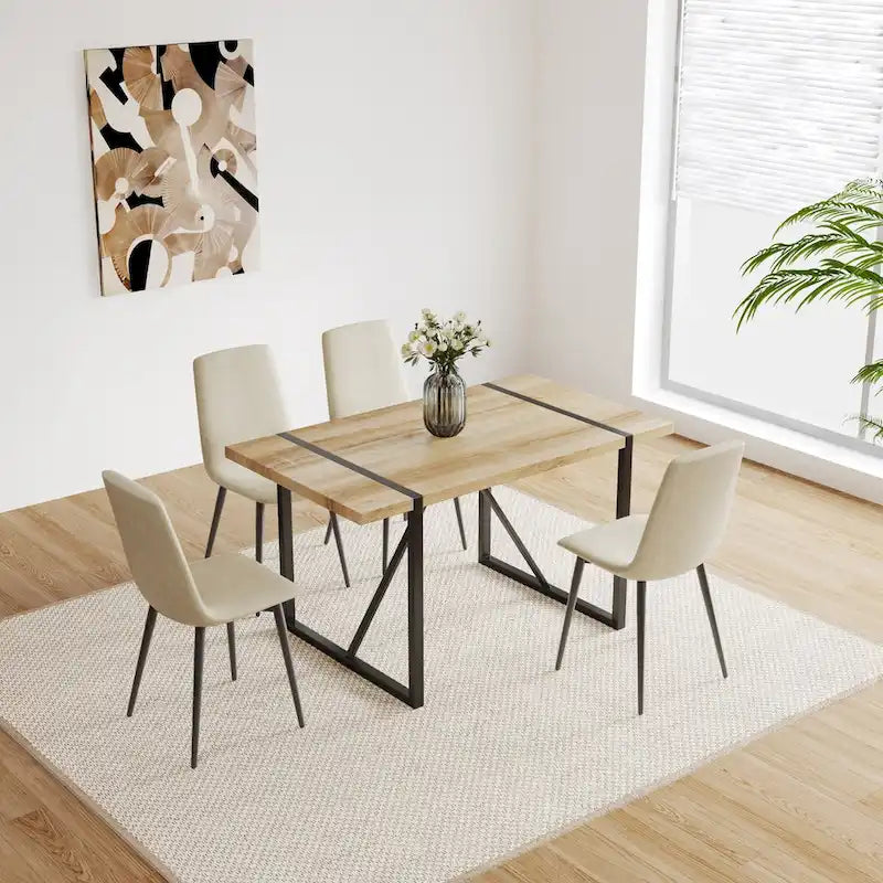 Table à manger en bois MDF et 4 chaises de salle à manger modernes, ensemble de table de cuisine en bois de style Mid-Century, base et pieds en métal