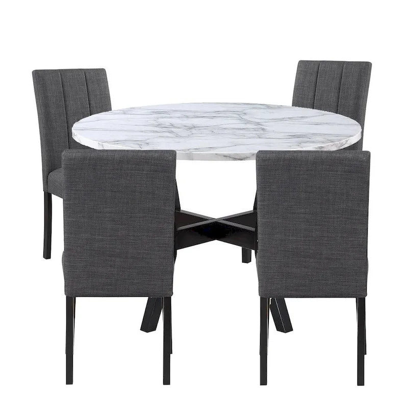Ensemble table et 4 chaises, bois noir, tissu, plateau imitation pierre
