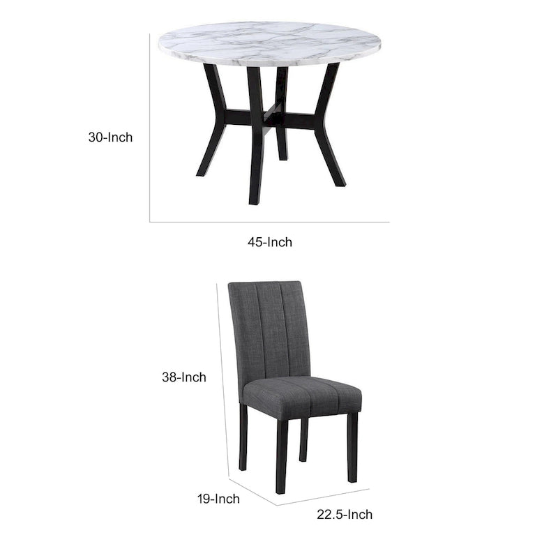 Ensemble table et 4 chaises, bois noir, tissu, plateau imitation pierre