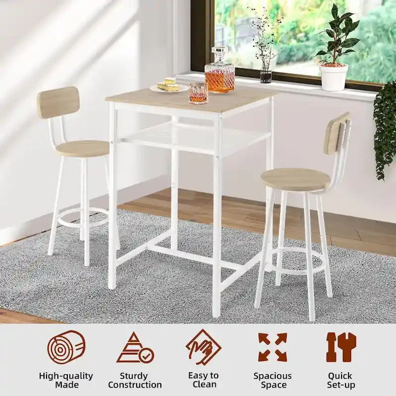 Ensemble table de bar 3 pièces avec étagère métallique, petit ensemble table de pub, ensemble de salle à manger