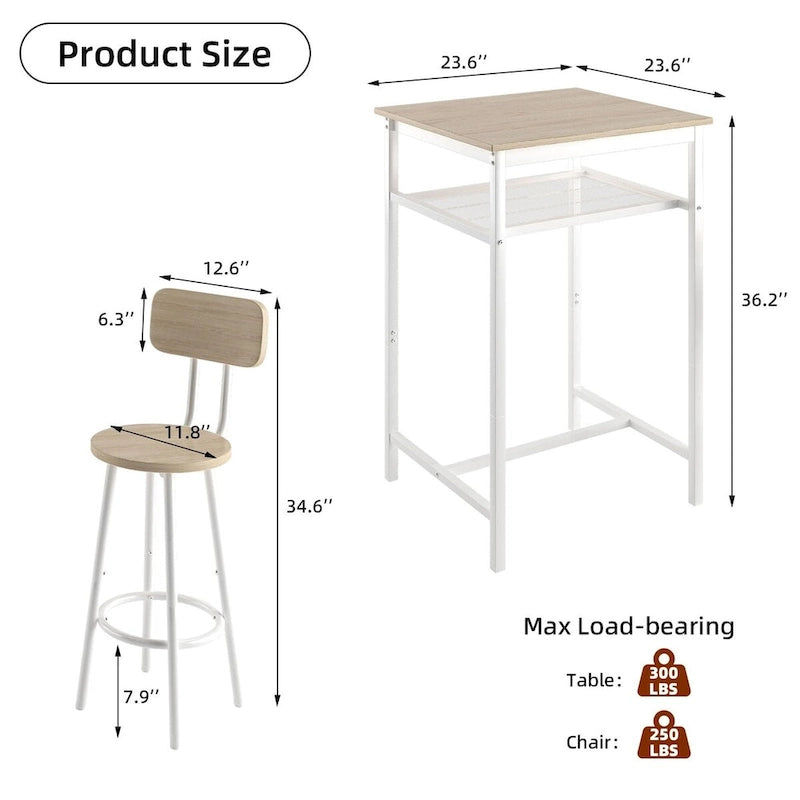 Ensemble table de bar 3 pièces avec étagère métallique, petit ensemble table de pub, ensemble de salle à manger
