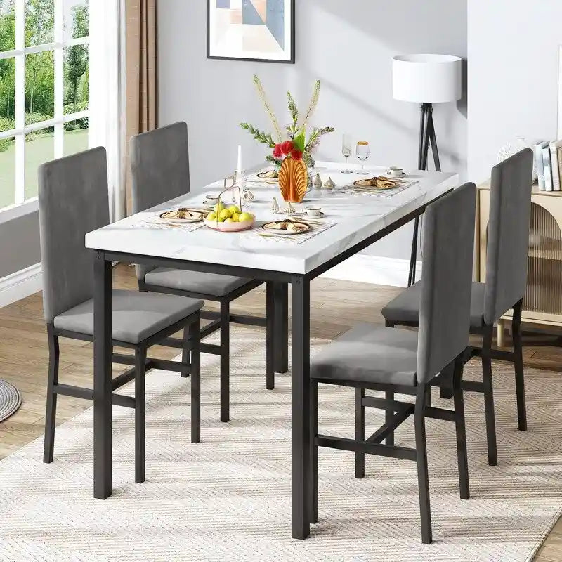 Ensemble de salle à manger décontracté Grondin Modern Style 5 pièces avec plateau en faux marbre et 4 chaises de salle à manger rembourrées en velours