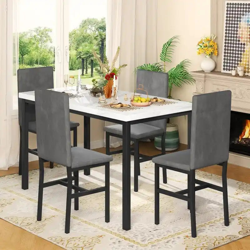 Ensemble de salle à manger décontracté Grondin Modern Style 5 pièces avec plateau en faux marbre et 4 chaises de salle à manger rembourrées en velours
