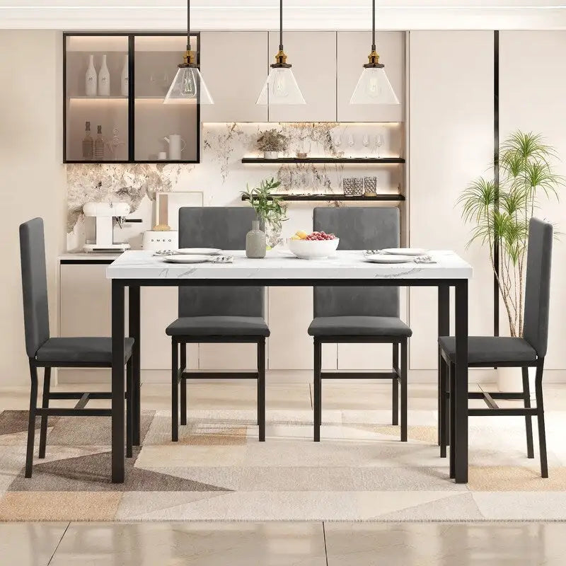 Ensemble de salle à manger décontracté Grondin Modern Style 5 pièces avec plateau en faux marbre et 4 chaises de salle à manger rembourrées en velours
