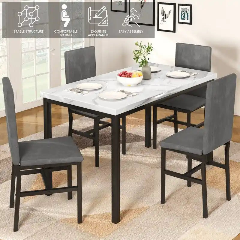 Ensemble de salle à manger décontracté Grondin Modern Style 5 pièces avec plateau en faux marbre et 4 chaises de salle à manger rembourrées en velours