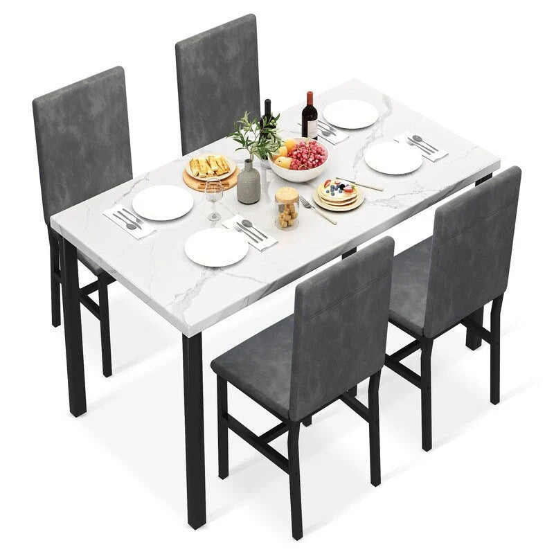 Ensemble de salle à manger décontracté Grondin Modern Style 5 pièces avec plateau en faux marbre et 4 chaises de salle à manger rembourrées en velours