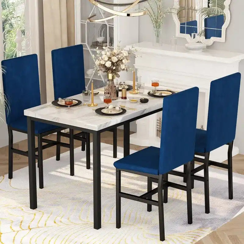 Ensemble de salle à manger décontracté Grondin Modern Style 5 pièces avec plateau en faux marbre et 4 chaises de salle à manger rembourrées en velours