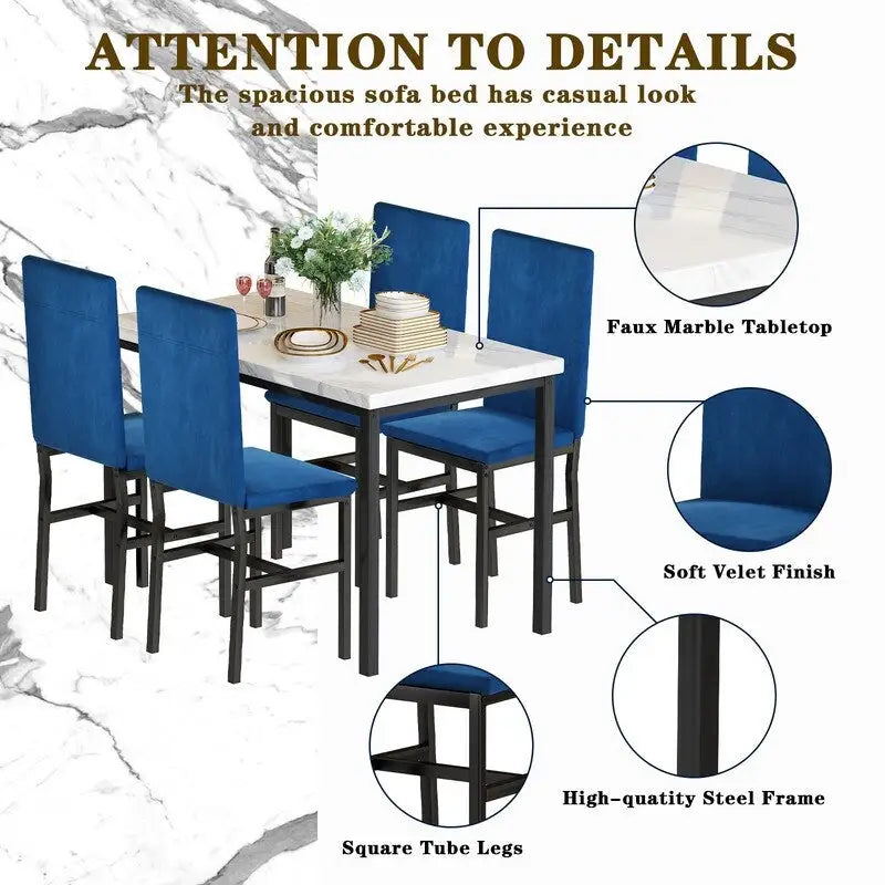 Ensemble de salle à manger décontracté Grondin Modern Style 5 pièces avec plateau en faux marbre et 4 chaises de salle à manger rembourrées en velours