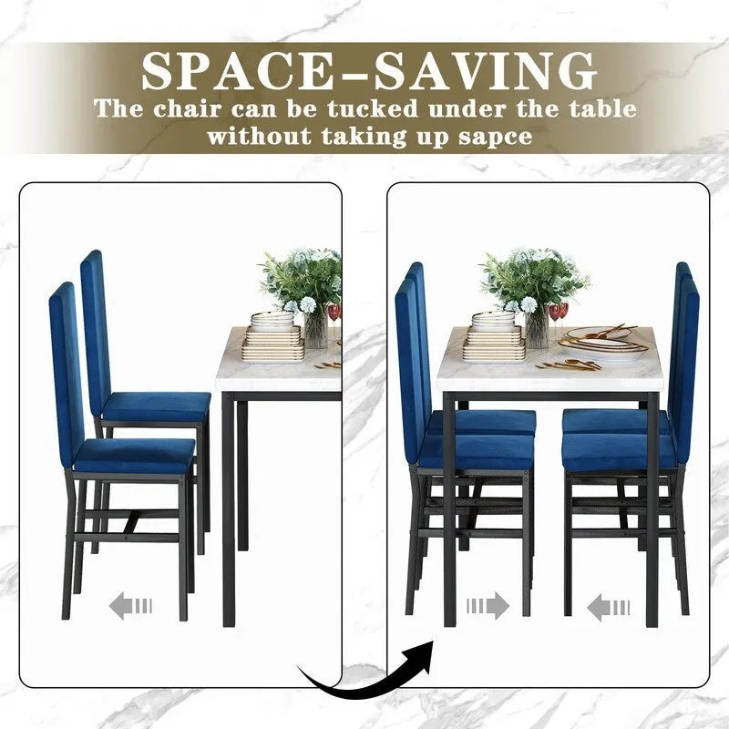 Ensemble de salle à manger décontracté Grondin Modern Style 5 pièces avec plateau en faux marbre et 4 chaises de salle à manger rembourrées en velours